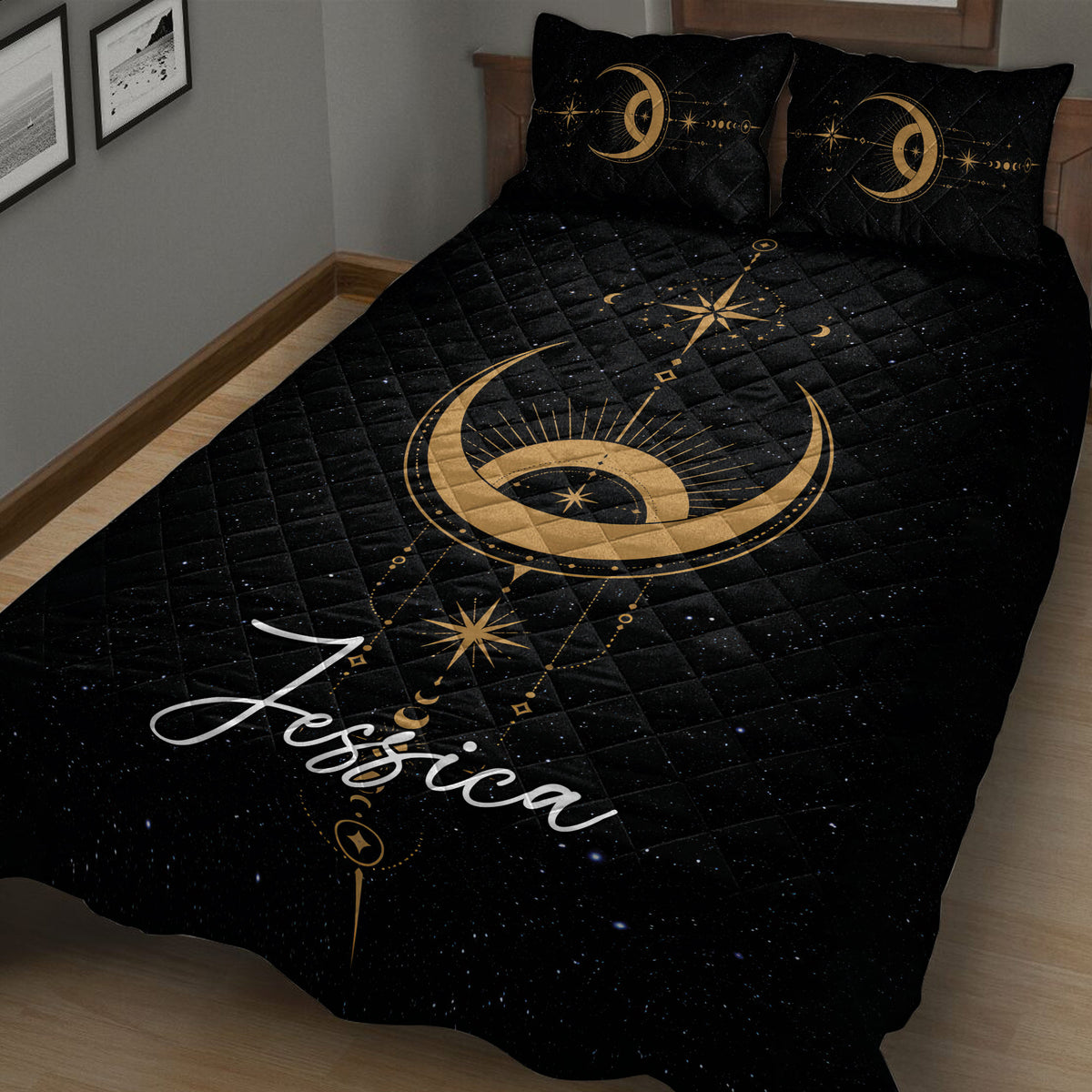 Black Wicca quilt blanket displayed on a bed with golden moon phases, stars, and cosmic celestial artwork