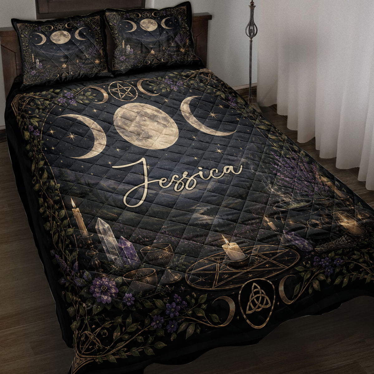 Wicca quilt blanket on a bed with moon phases, pentagram symbols, crystals, candles, and purple flowers