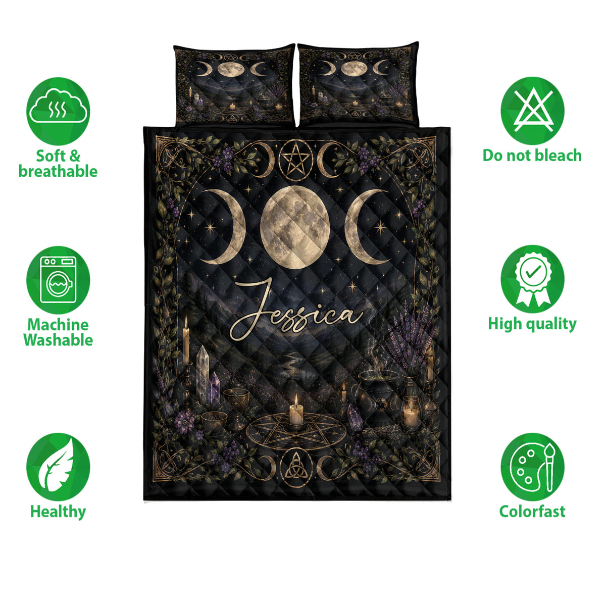 Wicca quilt bedding set displayed with moon artwork, ritual symbols, crystals, candles, and purple flowers