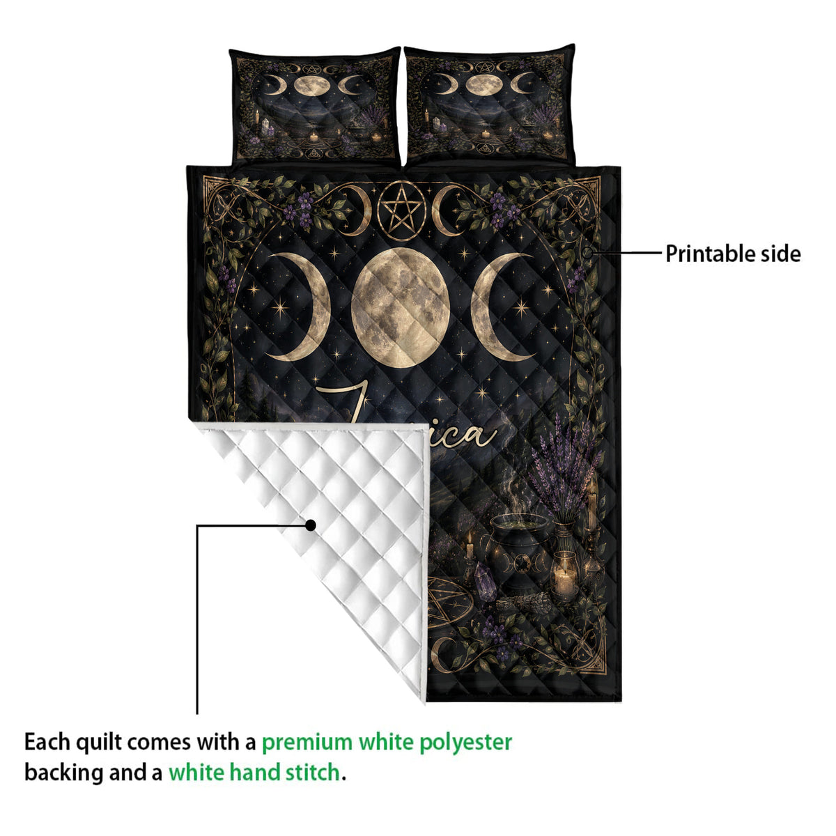 Wicca quilt blanket showing a printed front and white quilted backing with moon and mystical artwork