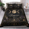 Wicca quilt blanket styled in a bright bedroom with moon phases, candles, crystals, and botanical details