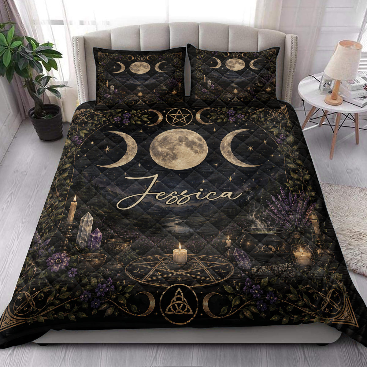 Wicca quilt blanket styled in a bright bedroom with moon phases, candles, crystals, and botanical details