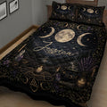 Close view of Wicca quilt bedding with triple moon symbols, stars, crystals, candles, and purple flowers