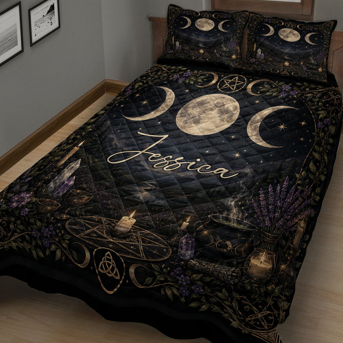 Close view of Wicca quilt bedding with triple moon symbols, stars, crystals, candles, and purple flowers