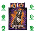 Pitbull quilt bedding set shown with bold purple and orange artwork and feature icons
