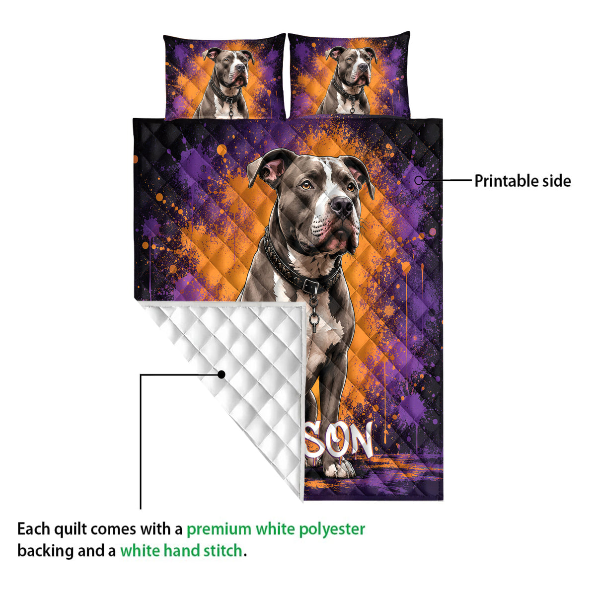 Pitbull quilt showing the printed artwork side and white diamond quilted backing