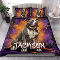Pitbull quilt blanket styled on a bedroom bed with matching dog artwork and vivid colors