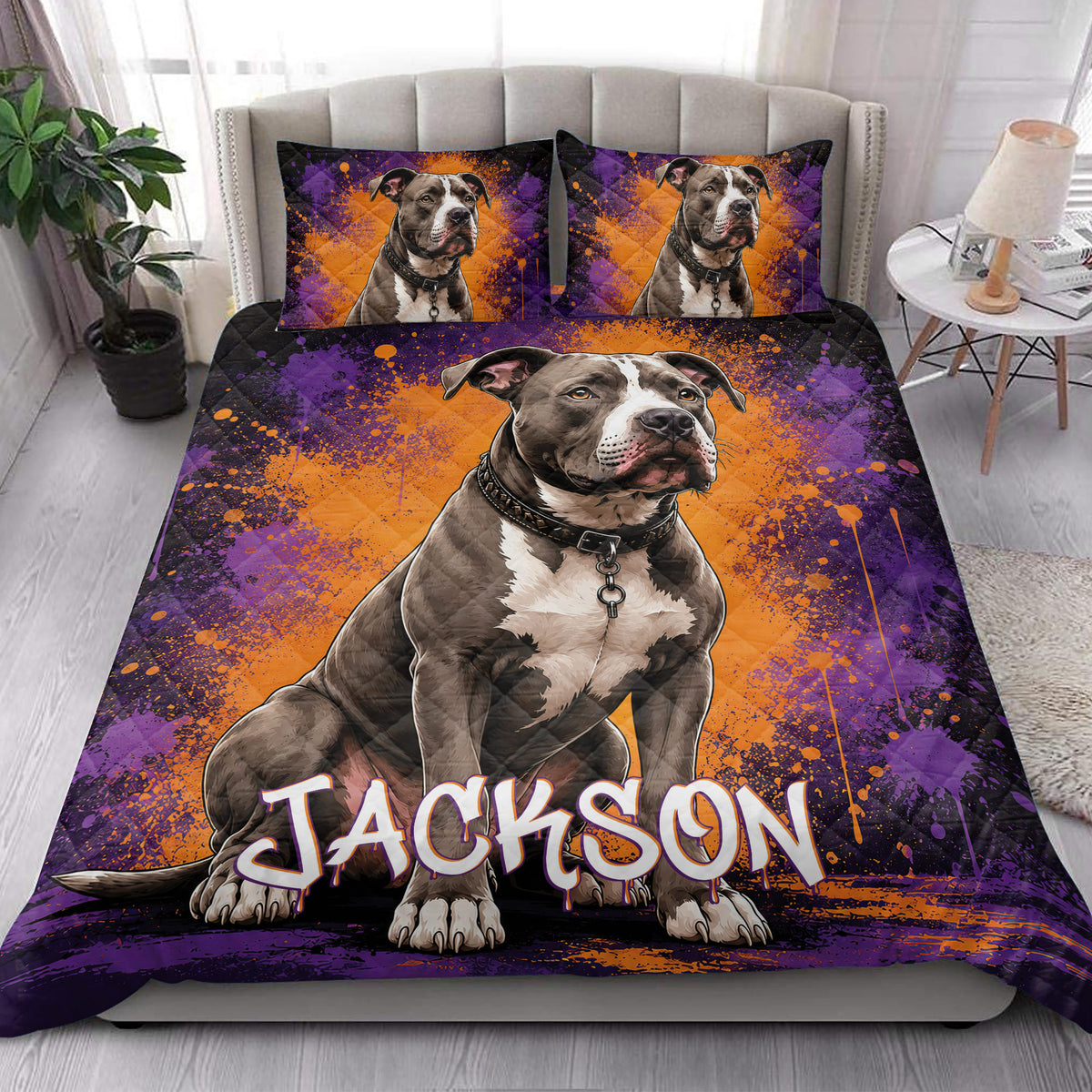 Pitbull quilt blanket styled on a bedroom bed with matching dog artwork and vivid colors