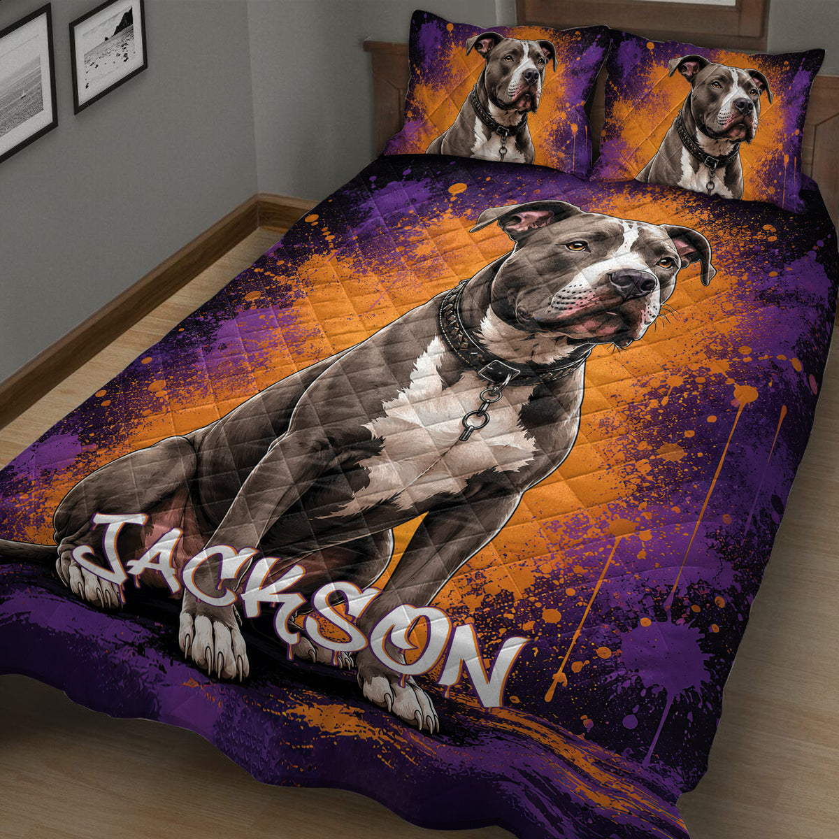 Close bedroom view of a pitbull quilt blanket with dramatic purple and orange artwork