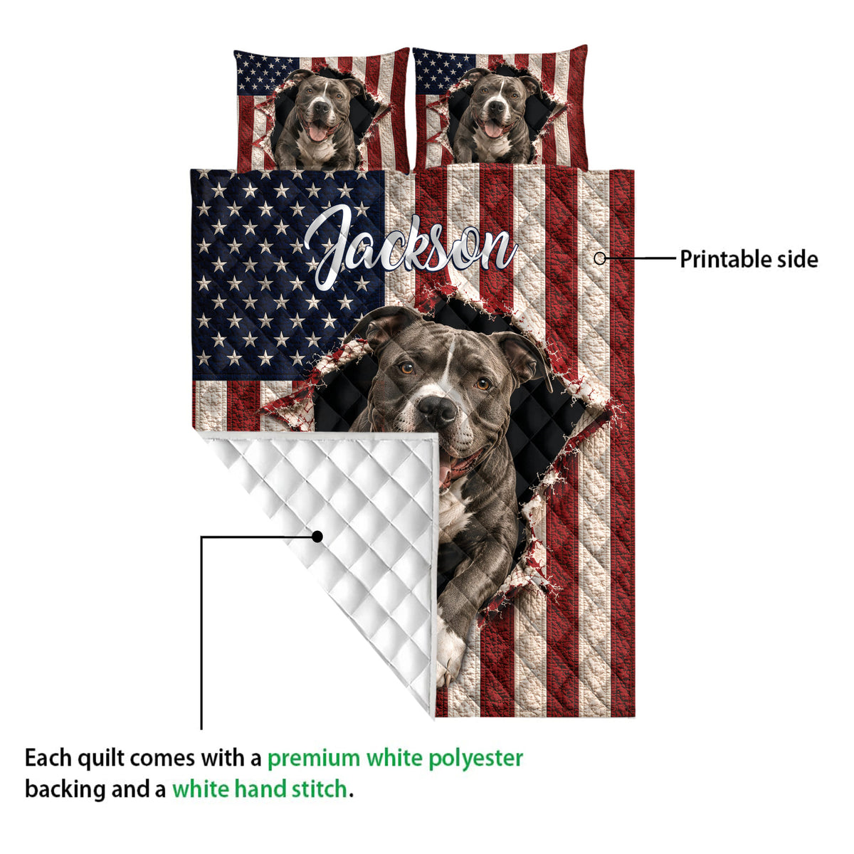 Pitbull quilt showing the printed front design and white diamond-stitched backing