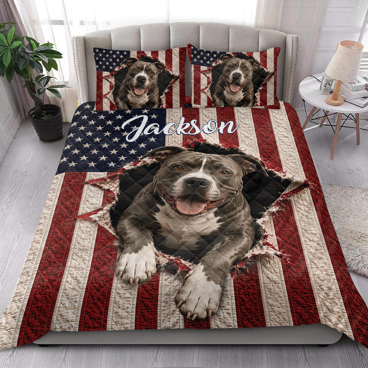 Patriotic pitbull quilt blanket styled in a bright bedroom with realistic dog artwork