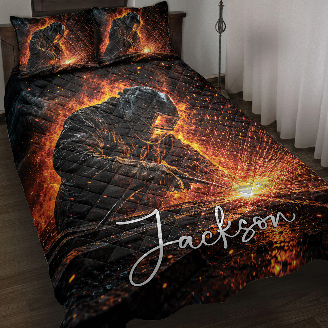 Welder quilt bedding set displayed on a bed with fiery sparks, black artwork, and welding imagery