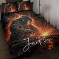 Welder quilt bedding set displayed on a bed with fiery sparks, black artwork, and welding imagery