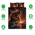 Welder quilt blanket and pillowcase option shown with welding sparks and product feature icons