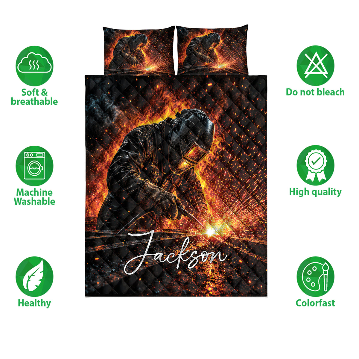 Welder quilt blanket and pillowcase option shown with welding sparks and product feature icons
