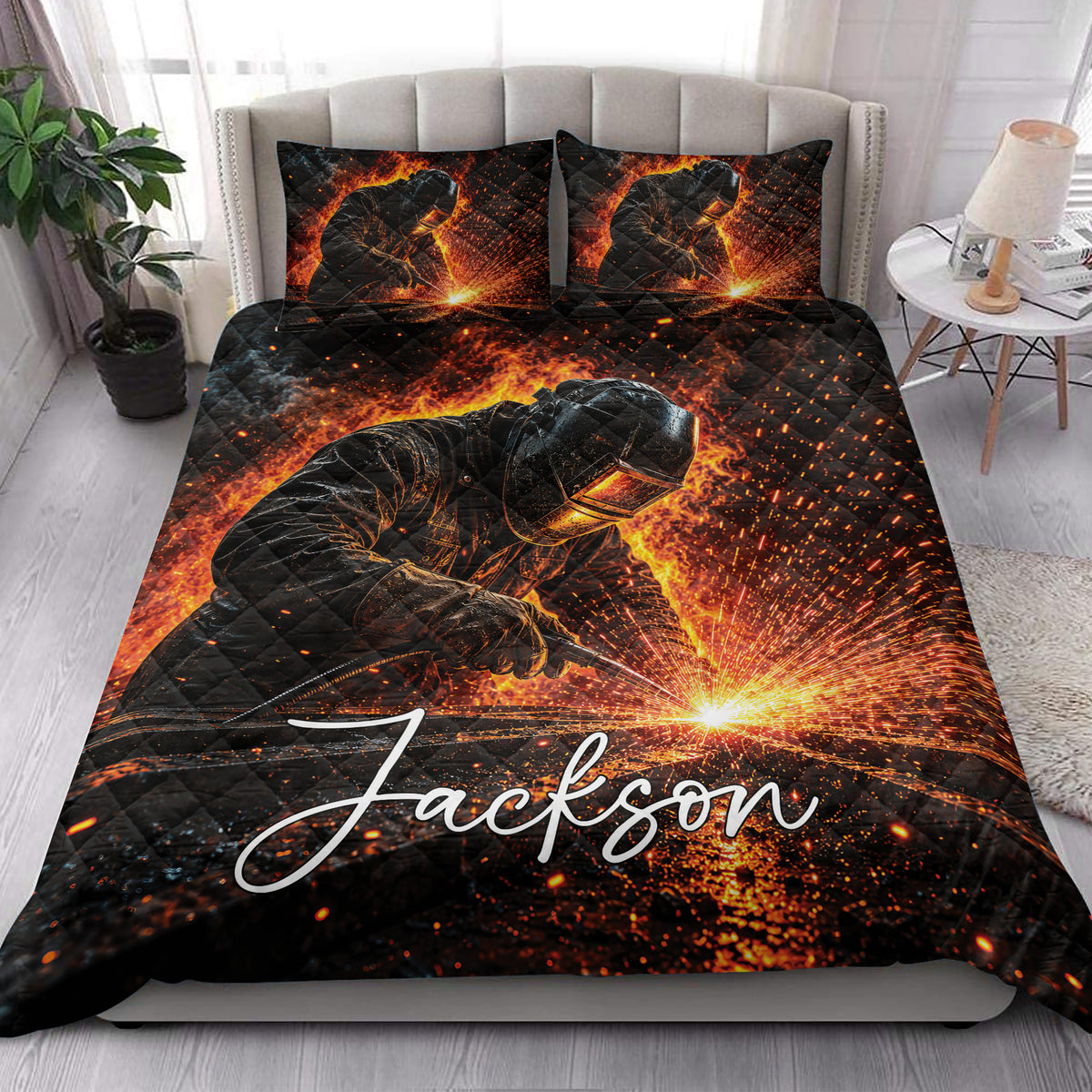 Welder quilt bedding set styled in a bright bedroom with fiery welding artwork