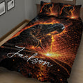Close bedroom view of a black welder quilt blanket featuring glowing sparks and a welding scene