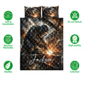 Welder quilt bedding set with welding sparks and feature icons around the printed artwork