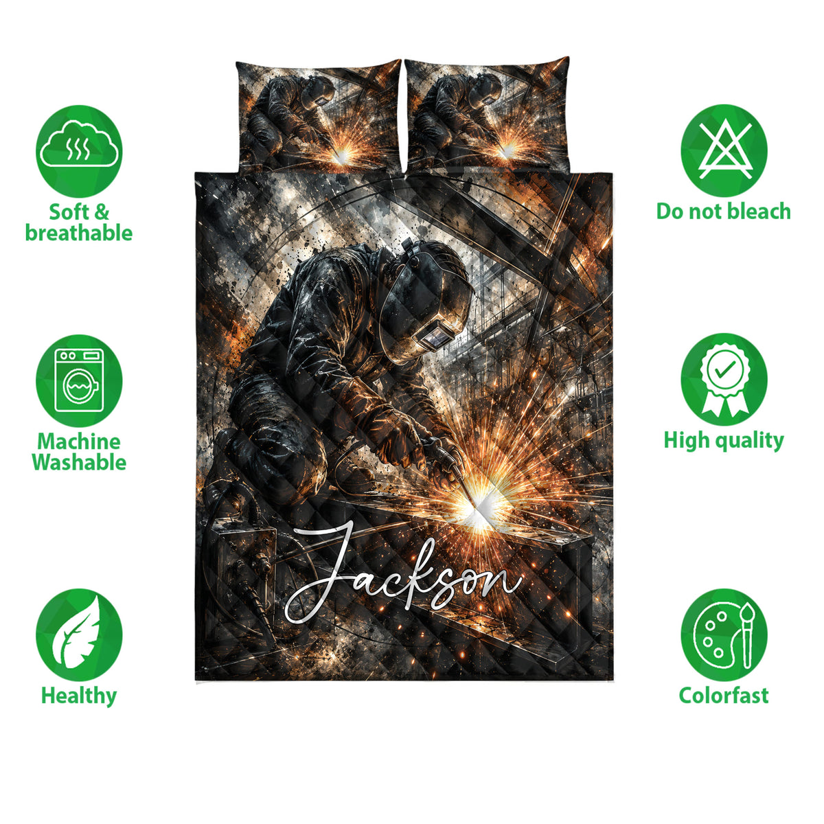 Welder quilt bedding set with welding sparks and feature icons around the printed artwork