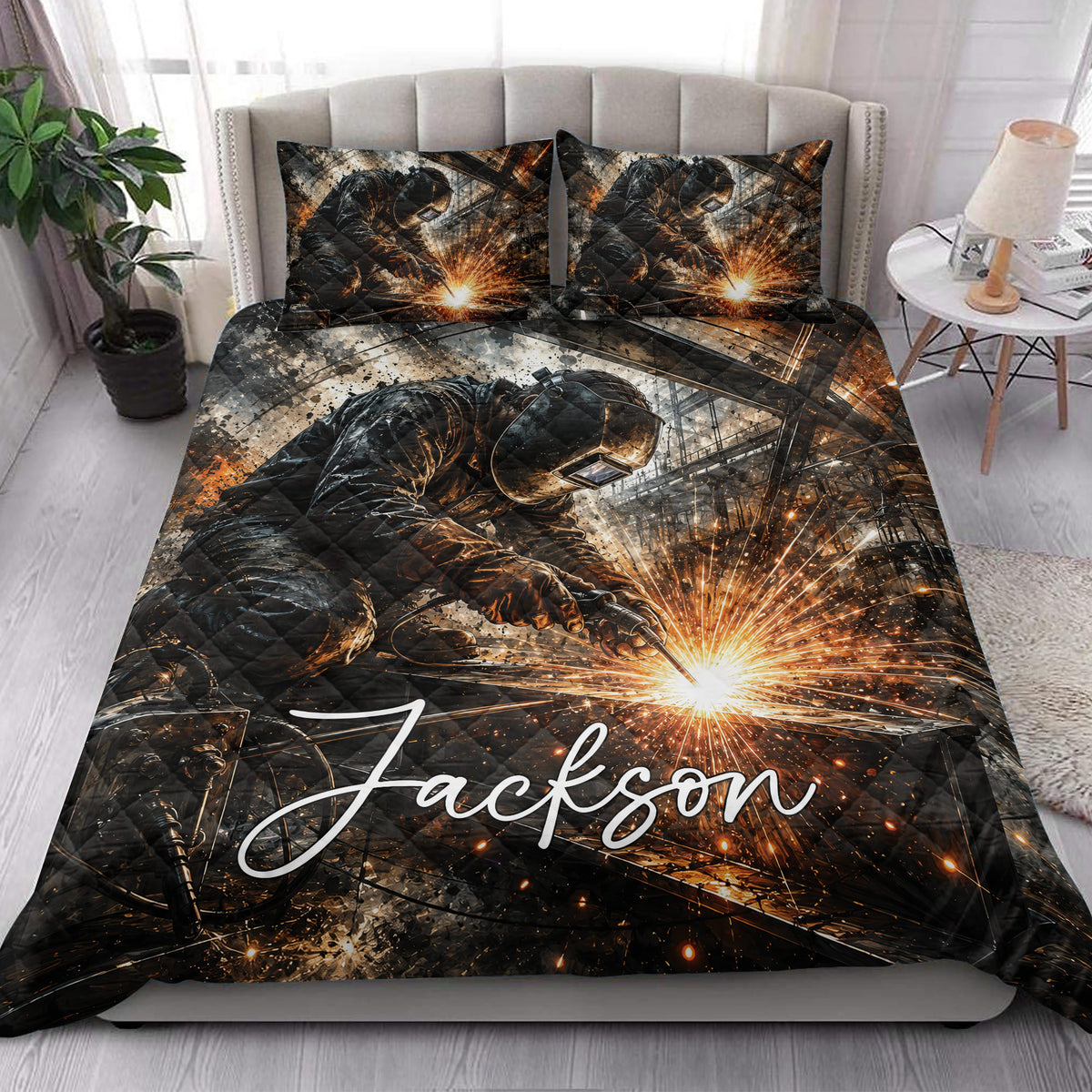 Welder quilt blanket styled in a bright bedroom with bold welding sparks and industrial artwork