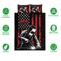 Welder quilt bedding set shown front-facing with bold black, red and white artwork