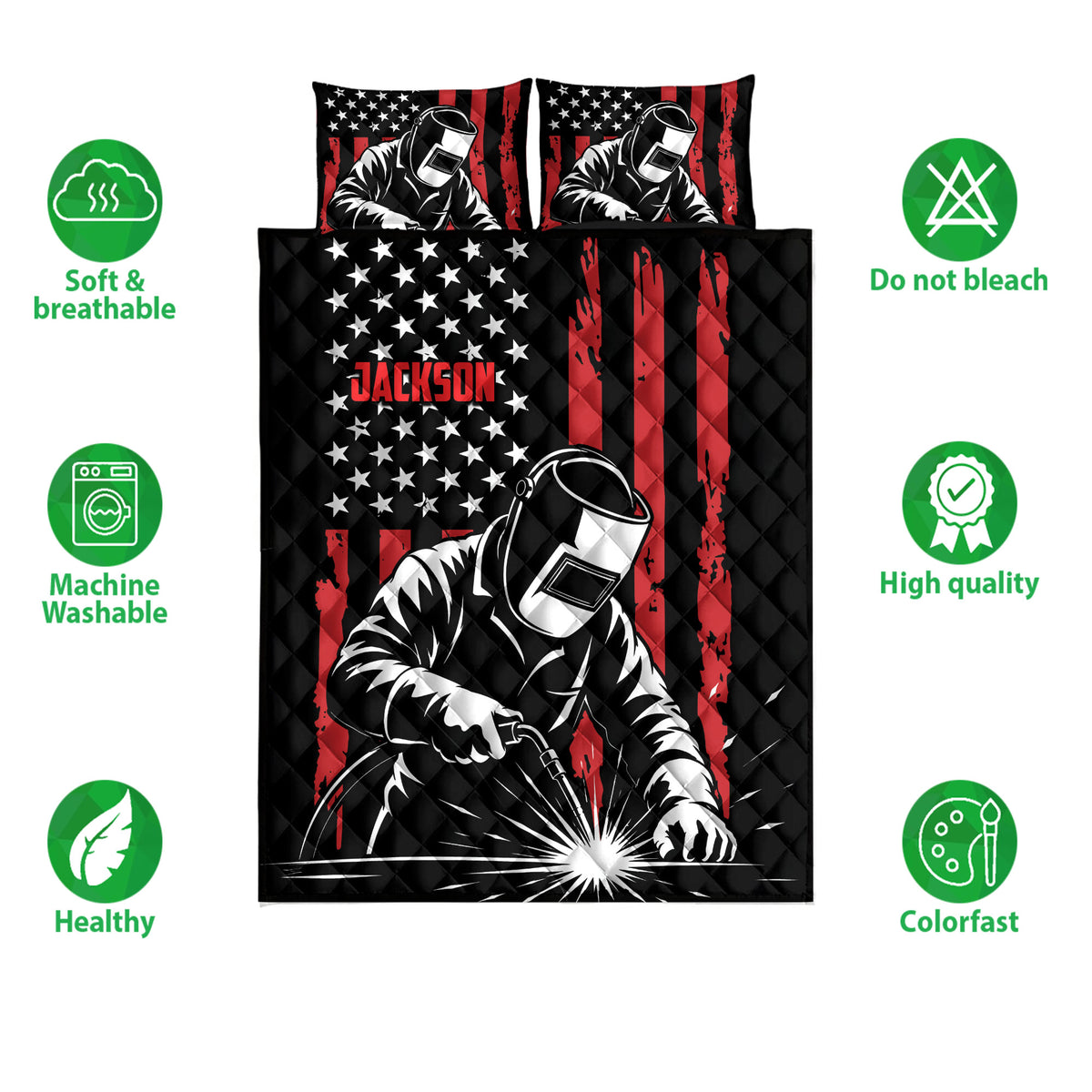 Welder quilt bedding set shown front-facing with bold black, red and white artwork