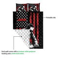 Welder quilt showing the printed side and white quilted backing in a feature view