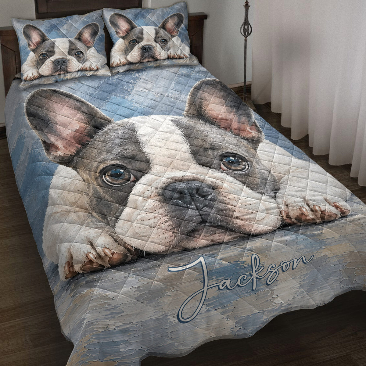 French Bulldog quilt blanket bedding set displayed on a bed with matching dog artwork