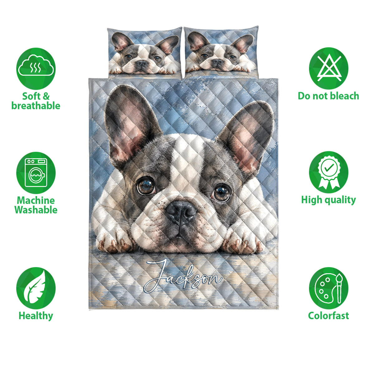 French Bulldog quilt with blue argyle background and matching pillow artwork