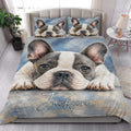 French Bulldog quilt bedding styled in a bright bedroom with large dog portrait artwork