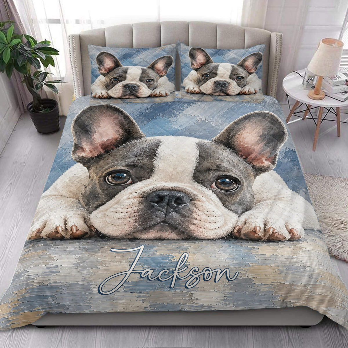 French Bulldog quilt bedding styled in a bright bedroom with large dog portrait artwork