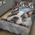 Close-up French Bulldog quilt blanket with expressive dog portrait and blue bedroom design