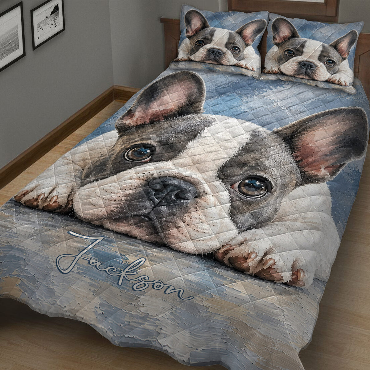 Close-up French Bulldog quilt blanket with expressive dog portrait and blue bedroom design
