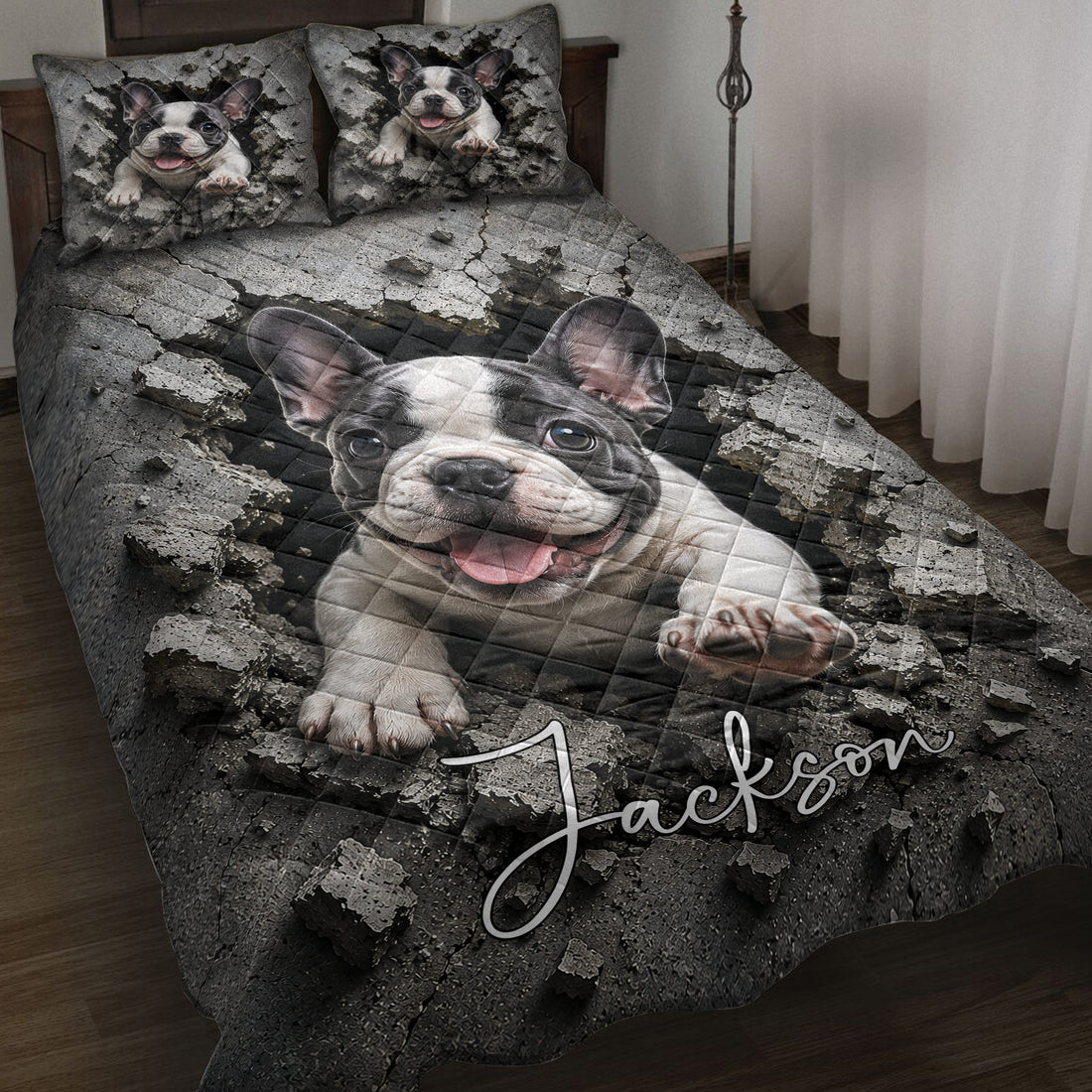 French Bulldog quilt blanket displayed on a bed with dramatic cracked concrete artwork and matching pillows