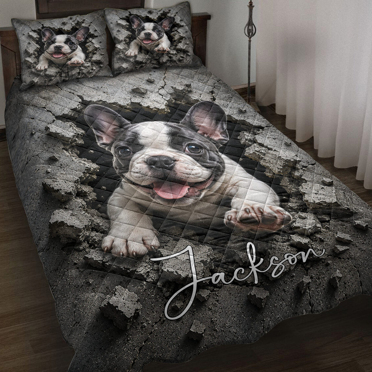 French Bulldog quilt blanket displayed on a bed with dramatic cracked concrete artwork and matching pillows