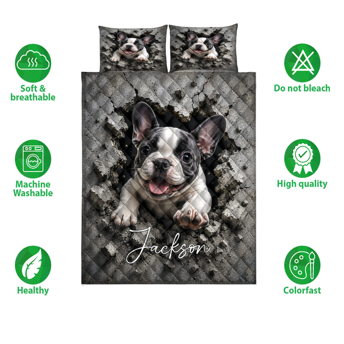 French Bulldog quilt bedding set shown with matching pillows and feature icons around the printed design