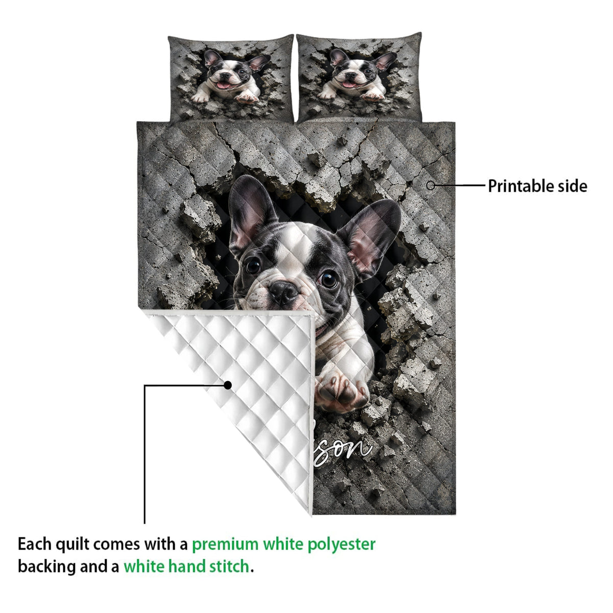 French Bulldog quilt showing the printed front artwork and white diamond-stitched backing