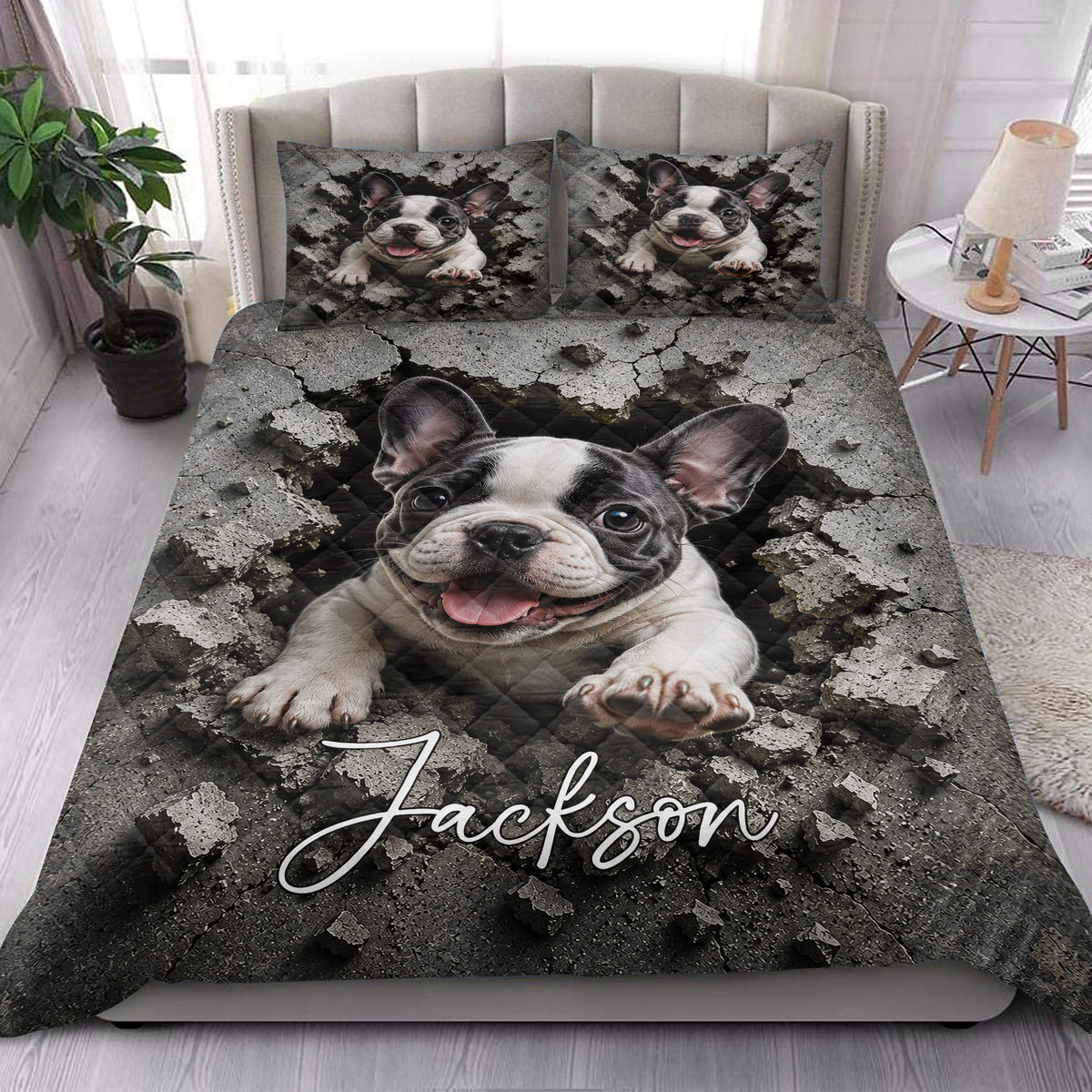 French Bulldog quilt blanket styled in a bright bedroom with a large playful dog portrait