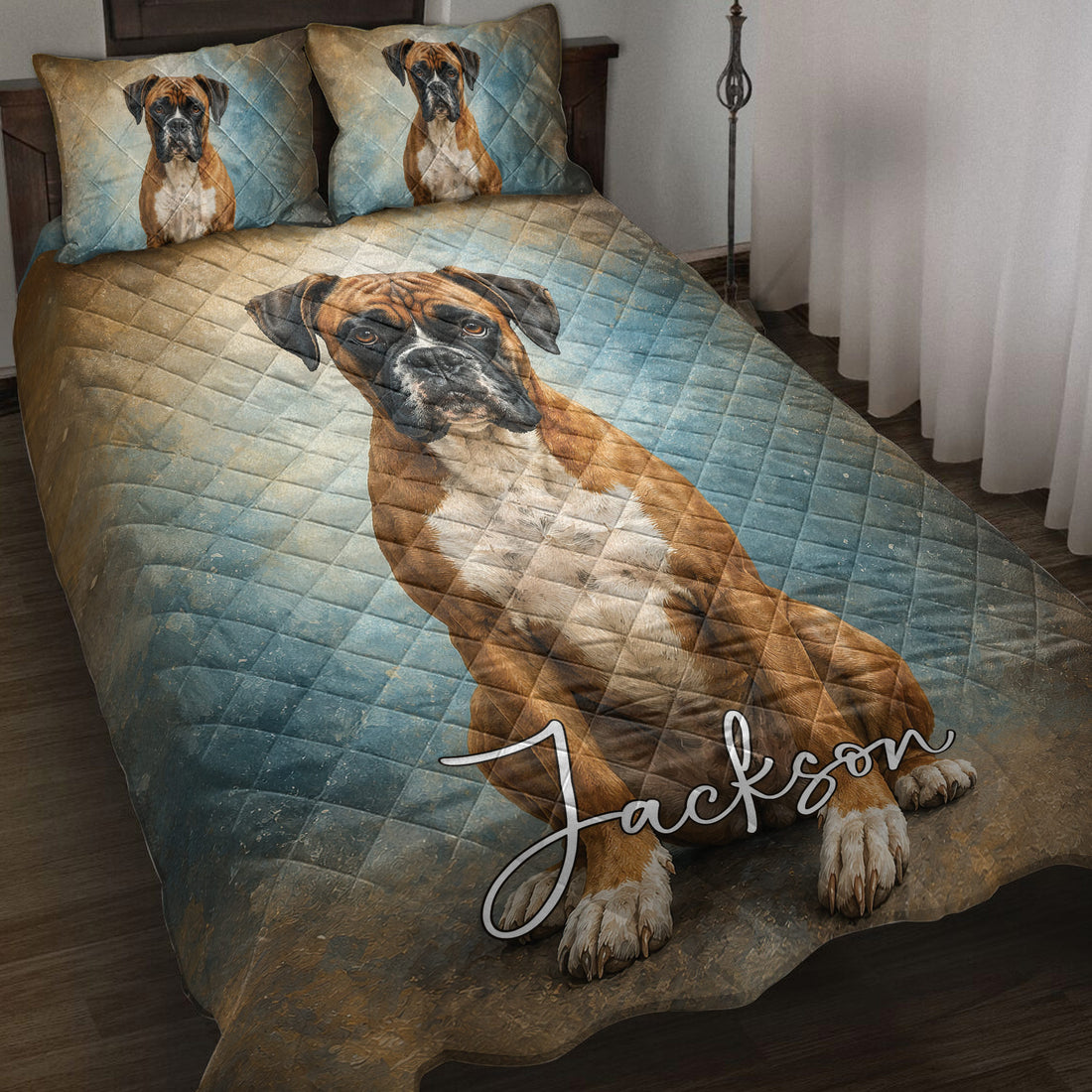 Boxer dog quilt blanket displayed on a bed with matching dog artwork on the pillows