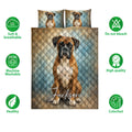 Boxer dog quilt bedding set shown on a bed with coordinating pillow artwork