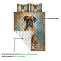 Boxer dog quilt showing the printed front and white quilted reverse side