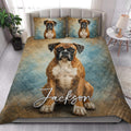 Boxer dog quilt blanket styled in a bright bedroom with a large dog portrait