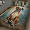 Boxer dog quilt bedding displayed in a bedroom with blue and brown artistic tones