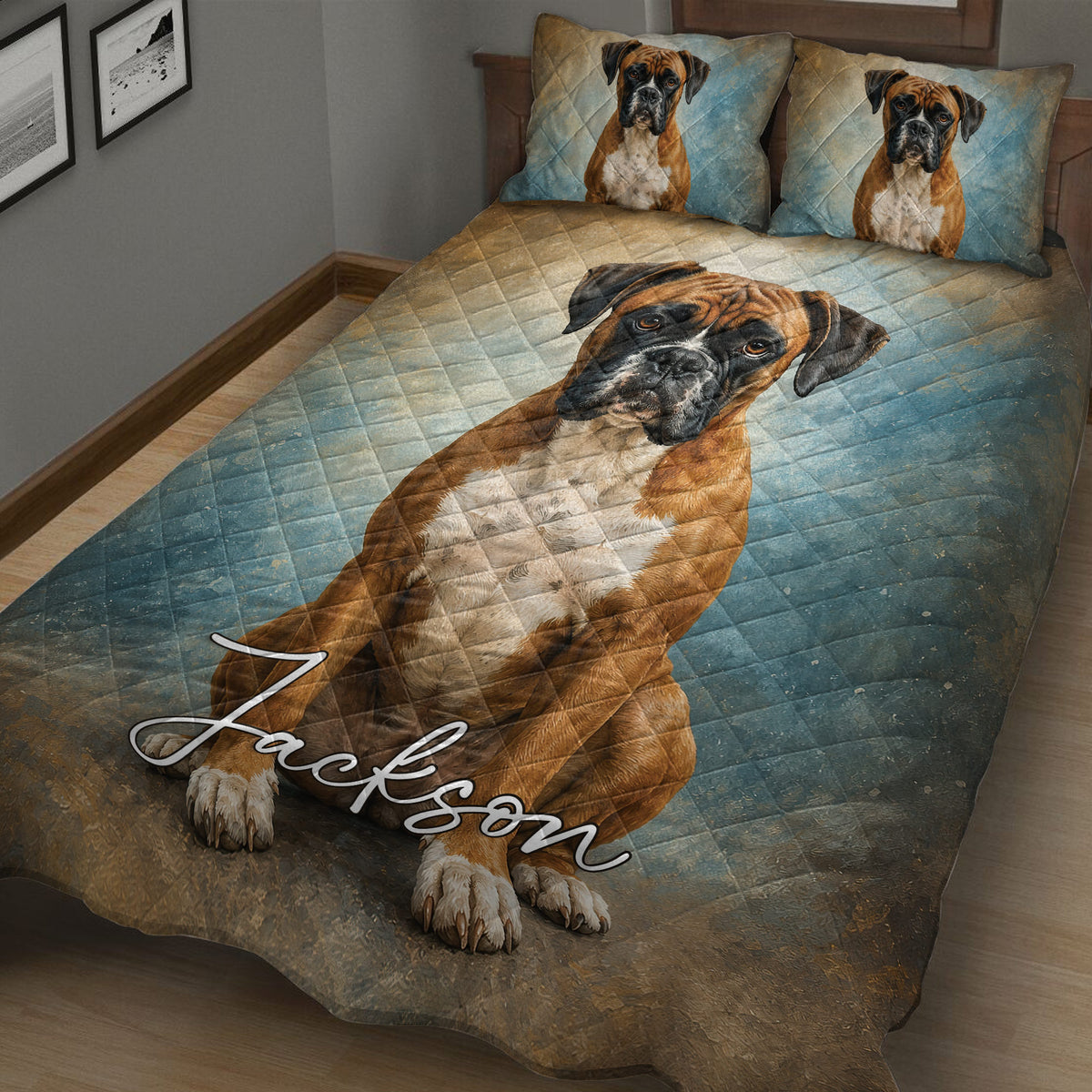Boxer dog quilt bedding displayed in a bedroom with blue and brown artistic tones