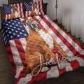 Boxer dog quilt blanket with patriotic American flag artwork styled across a bedroom