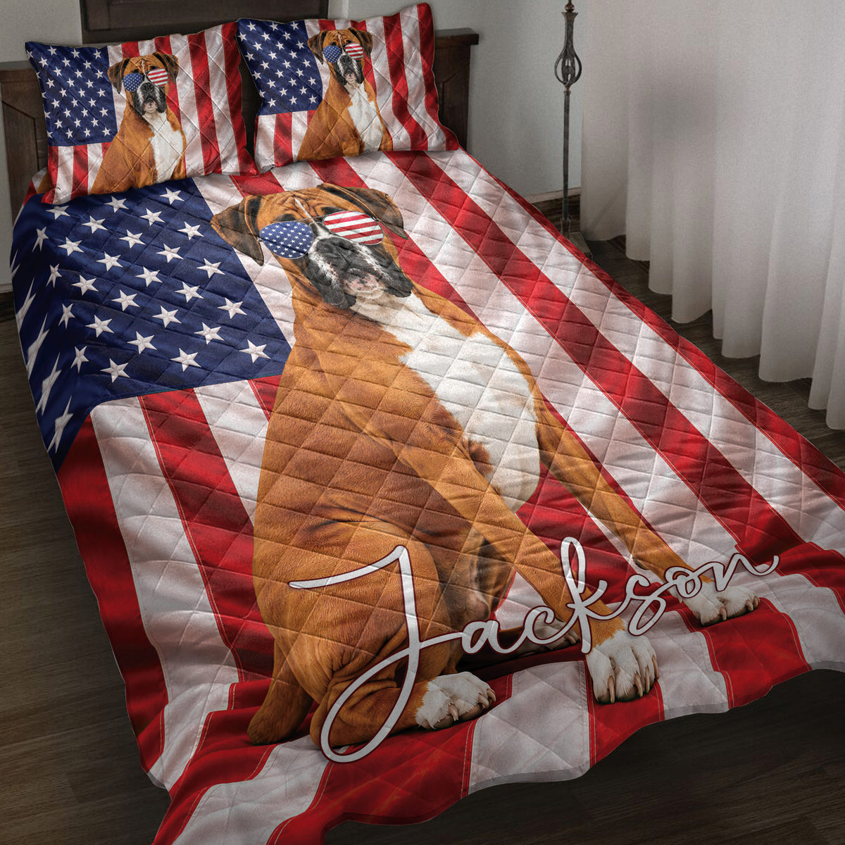 Boxer dog quilt blanket with patriotic American flag artwork styled across a bedroom
