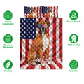 Boxer dog quilt bedding set with patriotic flag design shown with feature icons