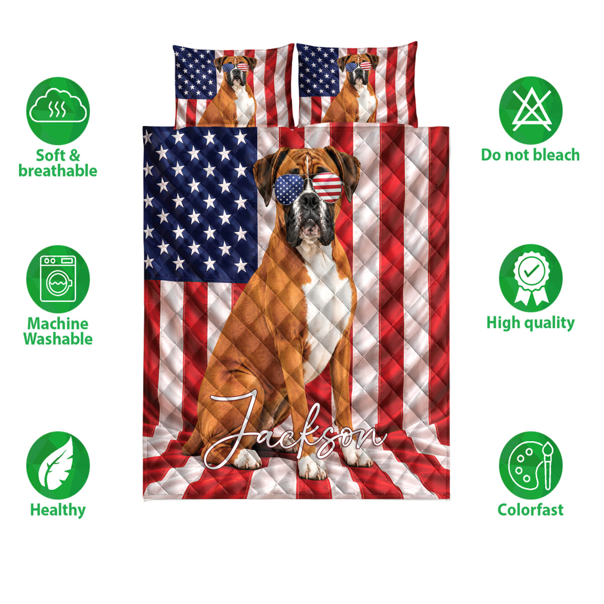 Boxer dog quilt bedding set with patriotic flag design shown with feature icons