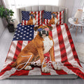 Patriotic Boxer dog quilt blanket displayed on a bright bedroom bed