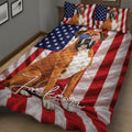 Boxer dog quilt blanket with American flag artwork styled across a bedroom